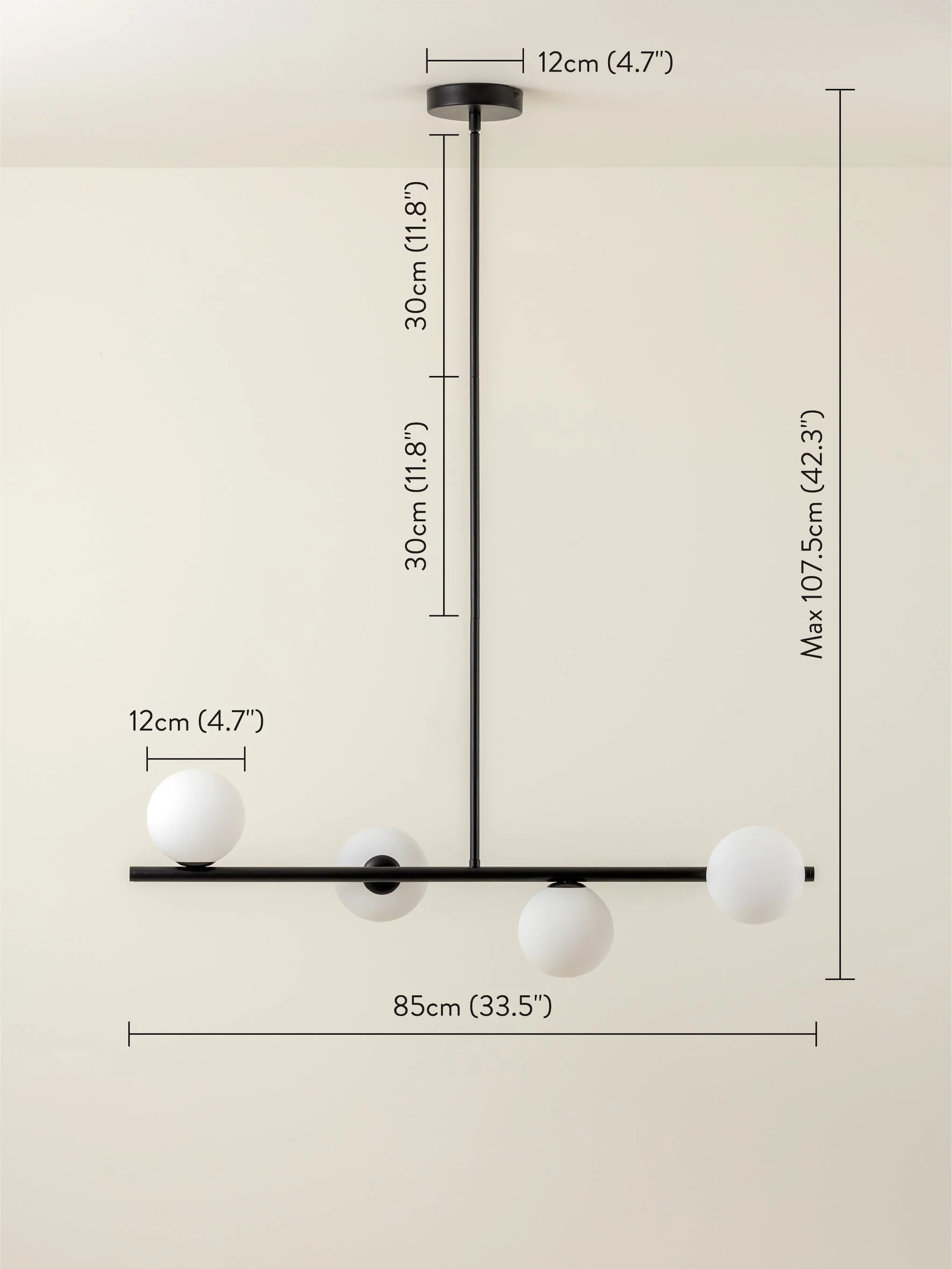 Perch - 4 light matt black and opal pendant bar - Image 10