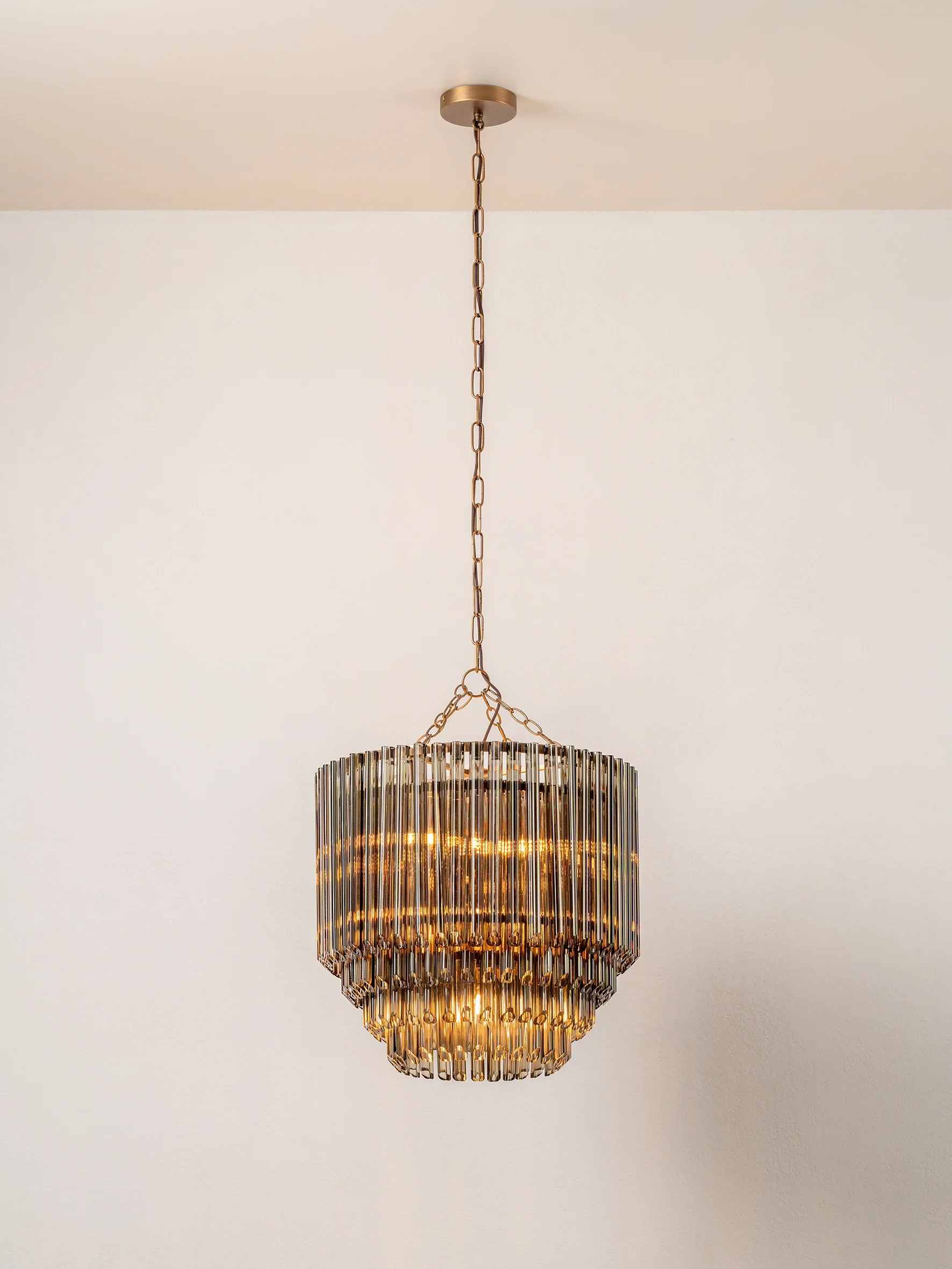 Petalia - 9 light aged brass and smoked green glass tube tall chandelier - Image 3